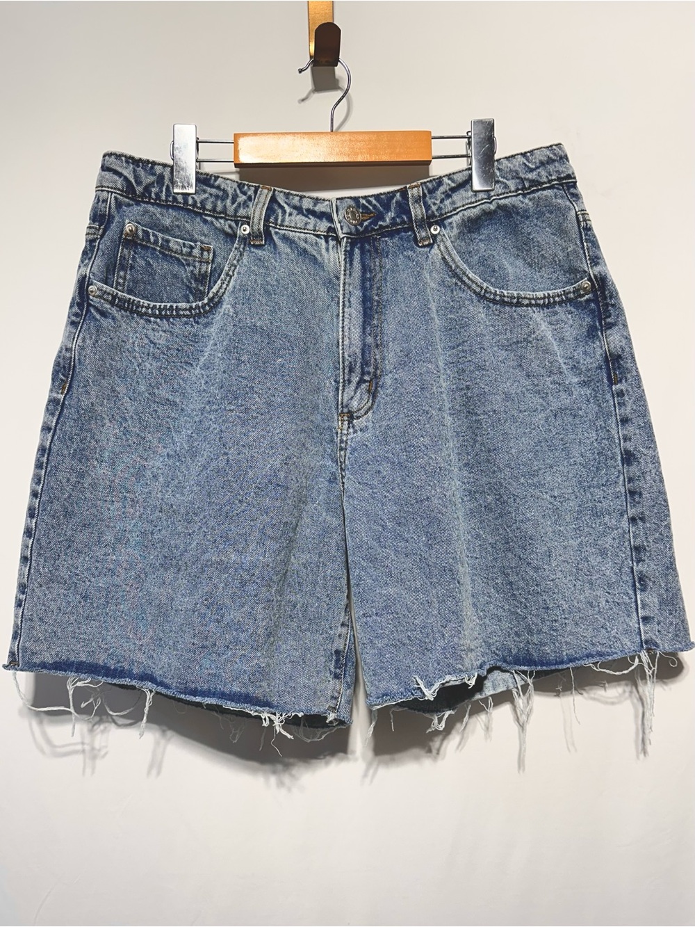 HARLOW DENIM Size 31 High Rise Longline Cutoff Denim Shorts Raw Hem